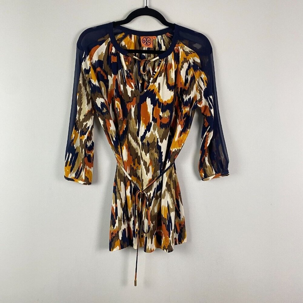 Tory Burch Multicolor Abstract Print Tunic with Navy Accents